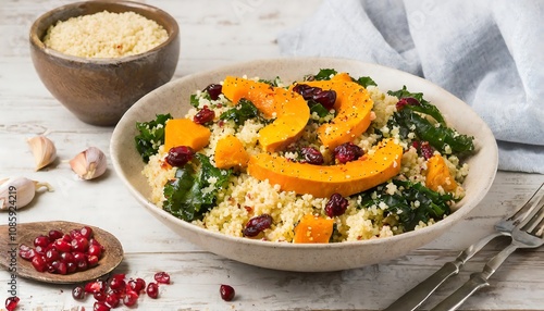 A colorful and healthy quinoa salad featuring roasted butternut squash, kale, and cranberries, perfect for fall photo