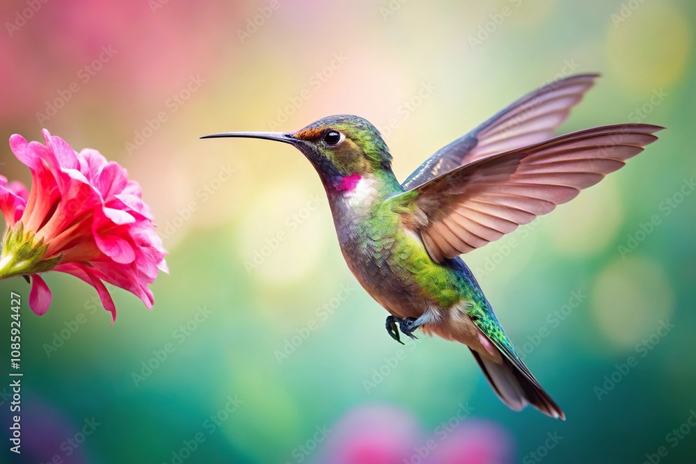 Fototapeta premium Colorful hummingbird with pink flower