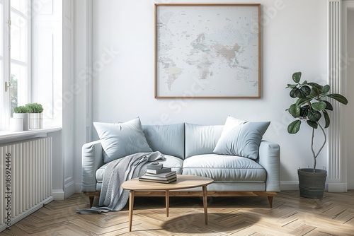 Wallpaper Mural a bright and modern living room. In the center, there is a light gray sofa with two matching cushions and a gray throw blanket draped over one arm. In front of the sofa is a small wooden coffee table  Torontodigital.ca