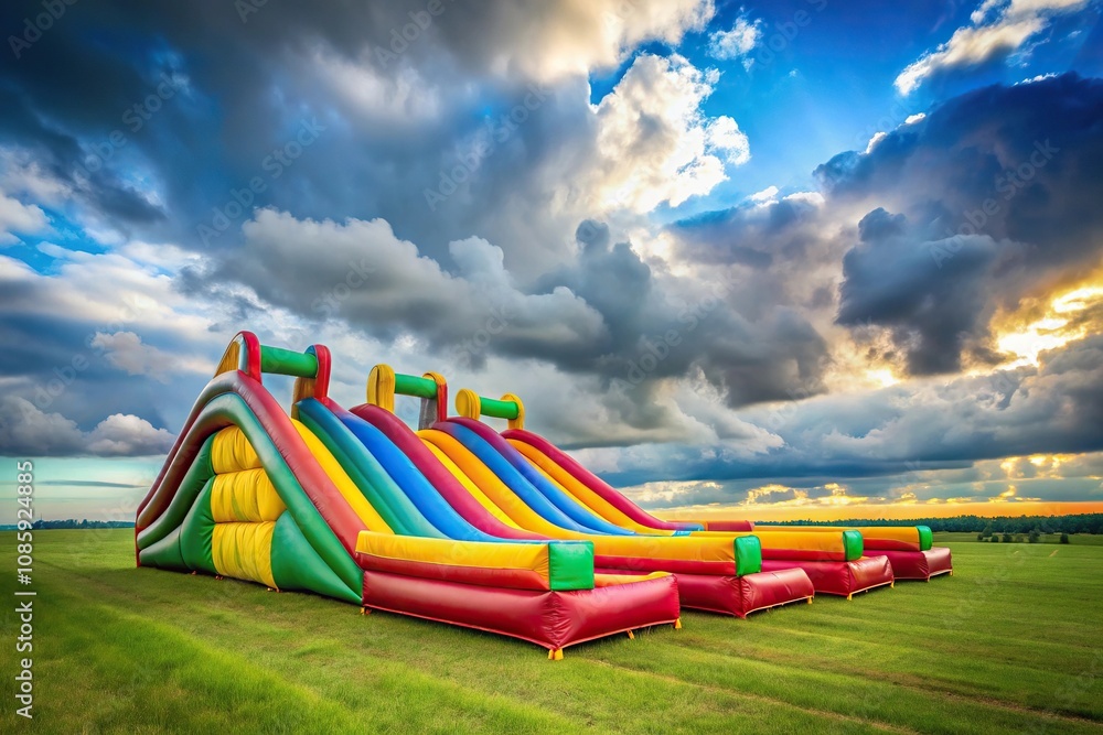 Colorful inflatable slides on grassy field with cloudy sky