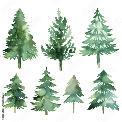 A watercolor painting of a set of Christmas trees, isolated on a white background. Christmas trees vector.