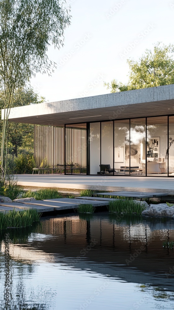 Modern minimalist home overlooking tranquil pond reflecting cloudy sky Modern minimalist home overlooking tranquil pond reflecting cloudy sky
