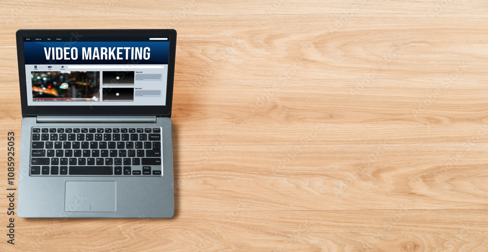 Video Marketing Concept on Laptop Screen. Video Marketing Advertising Business on Social Media and Internet Network Technology Concept Video Marketing Concept on Laptop Screen. Video Marketing Advertising Business on Social Media and Internet Network Technology Concept