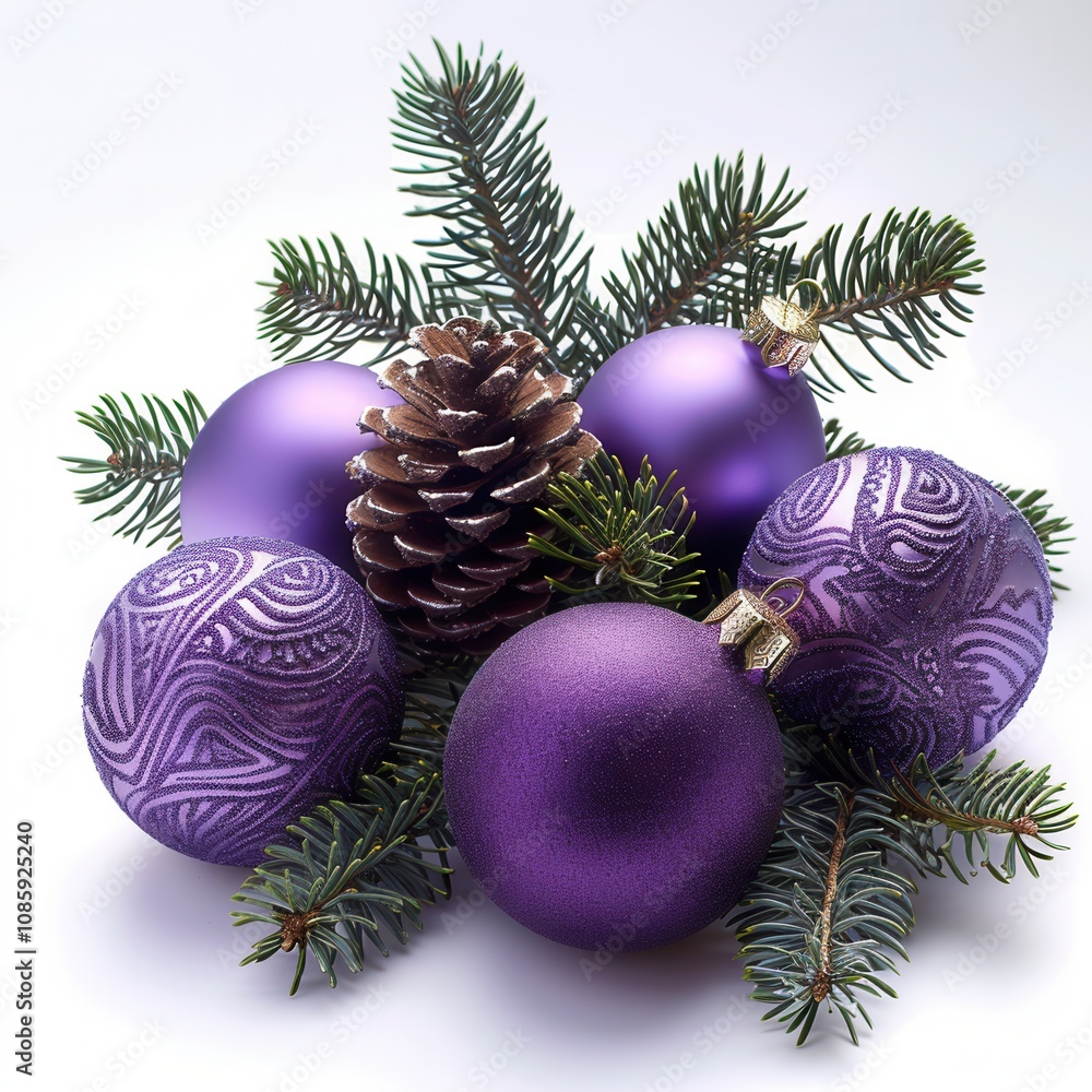a festive arrangement featuring several purple Christmas ornaments and a pine cone. The ornaments are a mix of plain and patterned designs, with some having intricate swirling patterns a festive arrangement featuring several purple Christmas ornaments and a pine cone. The ornaments are a mix of plain and patterned designs, with some having intricate swirling patterns