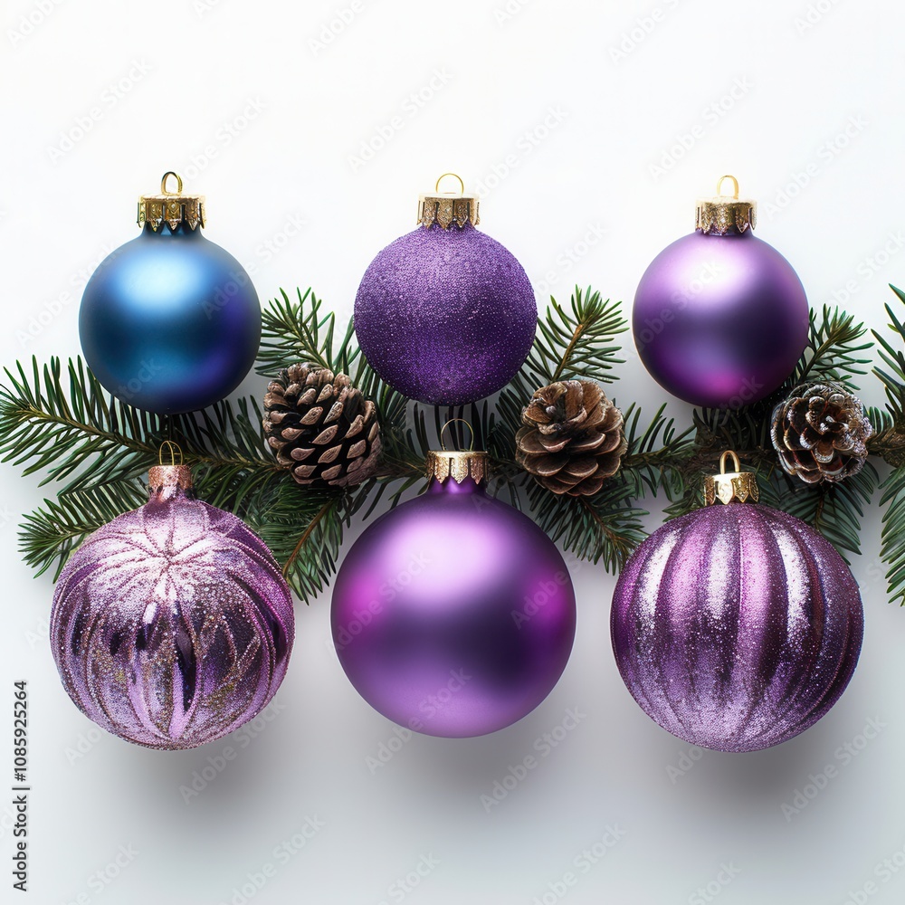a festive arrangement featuring six Christmas ornaments and some pine cones on a bed of evergreen branches. The ornaments are spherical and come in shades of blue and purple a festive arrangement featuring six Christmas ornaments and some pine cones on a bed of evergreen branches. The ornaments are spherical and come in shades of blue and purple