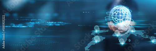Hand holding with a global network connection, symbolizing cybersecurity, technology, and futuristic advancements in data protection, digital communication, and secure online connections.