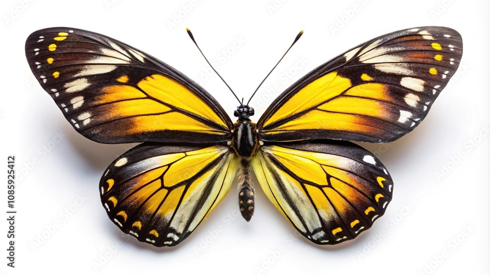 Obraz premium Colorful isolated butterfly with black and yellow wings on white background
