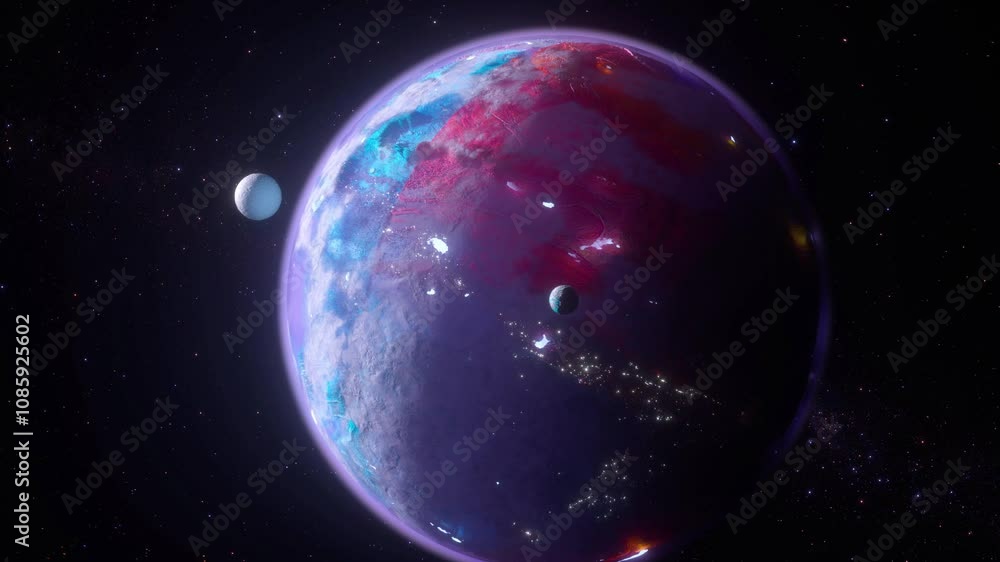 3d render of abstract art video animation with surreal ball planet Earth with blue atmosphere and neon lights in the dark out of space with small moon satellite and glowing stars on the background 3d render of abstract art video animation with surreal ball planet Earth with blue atmosphere and neon lights in the dark out of space with small moon satellite and glowing stars on the background