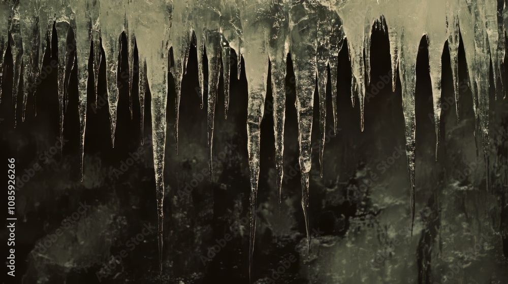Dramatic Icicles Forming Against a Dark Winter Background Dramatic Icicles Forming Against a Dark Winter Background