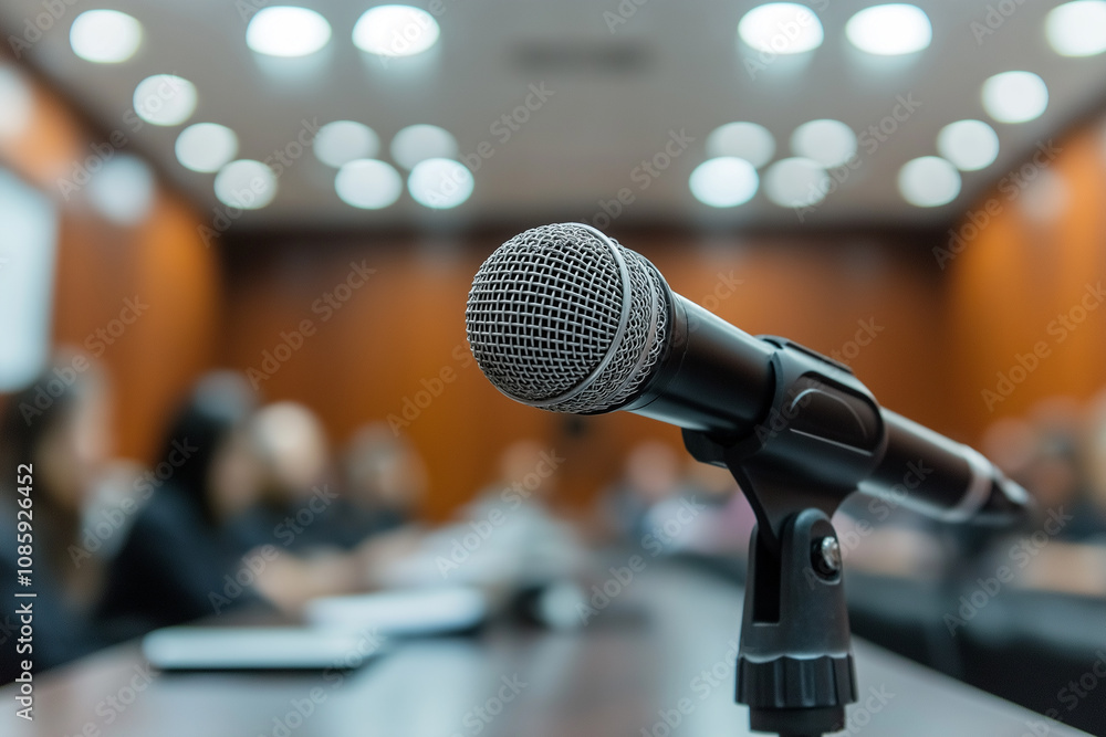 Photo of a microphone in front of an audience, ready for the speech. Photo of a microphone in front of an audience, ready for the speech.