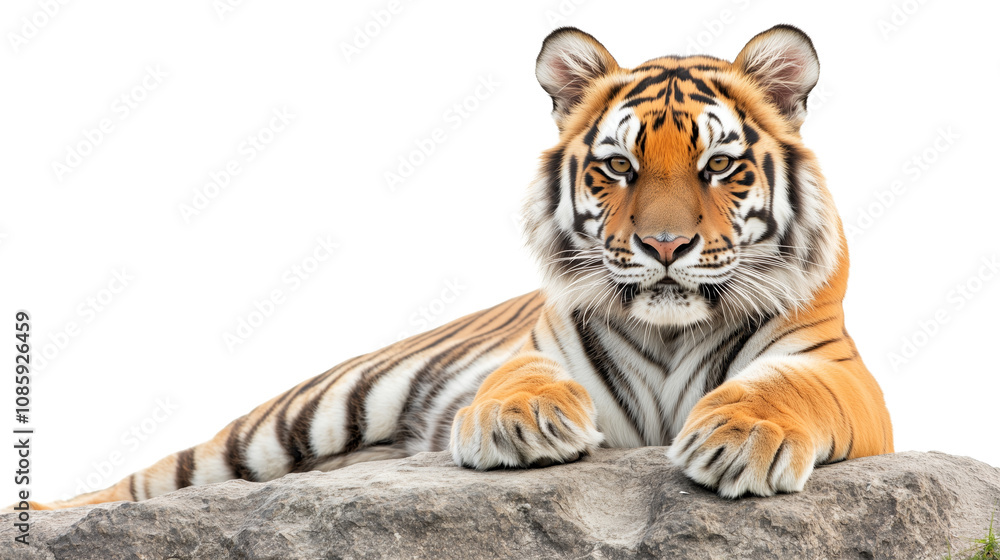 Obraz premium A tiger lying on a rock looking at the camera isolated on a transparent background 