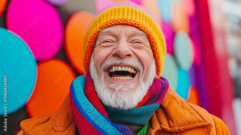 Joyful elderly man wearing colorful hat and scarf, outdoors against vibrant background Joyful elderly man wearing colorful hat and scarf, outdoors against vibrant background
