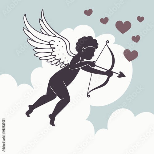 Cupid with Bow and Arrow Aiming for Love, Romantic Valentine’s Day Symbol, Mythological Cherub with Heart and Wings, Classic Love and Romance Icon, Cupid Shooting Arrow of Affection and Passion