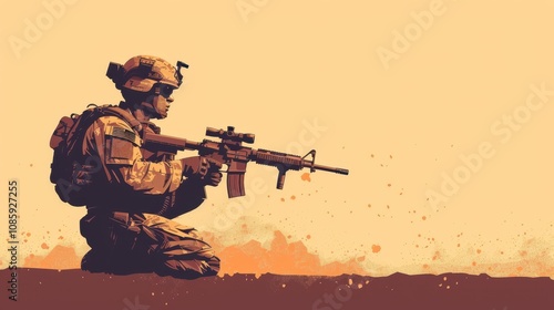 Male soldier in equipment with automatic rifle in hands on beige background. Concept of military force. Illustration