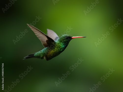 Gilded Hummingbird in flight on green background photo