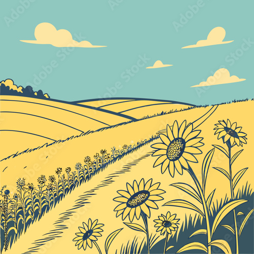 A sunny summer landscape shows a green field of wheat and a vibrant field of sunflowers under a blue sky