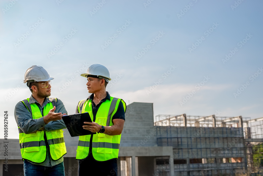 Two construction engineers are planning the construction of a building according to the building plan. Two construction engineers are planning the construction of a building according to the building plan.