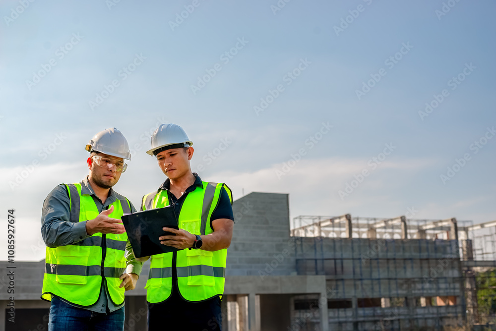 Two construction engineers are planning the construction of a building according to the building plan. Two construction engineers are planning the construction of a building according to the building plan.