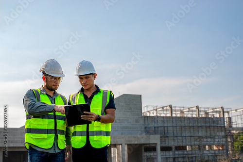 Two construction engineers are planning the construction of a building according to the building plan.