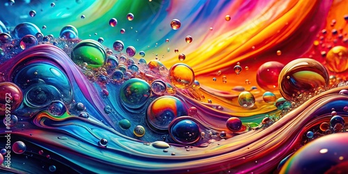 Colorful liquid background with drops, splashes, and bubbles