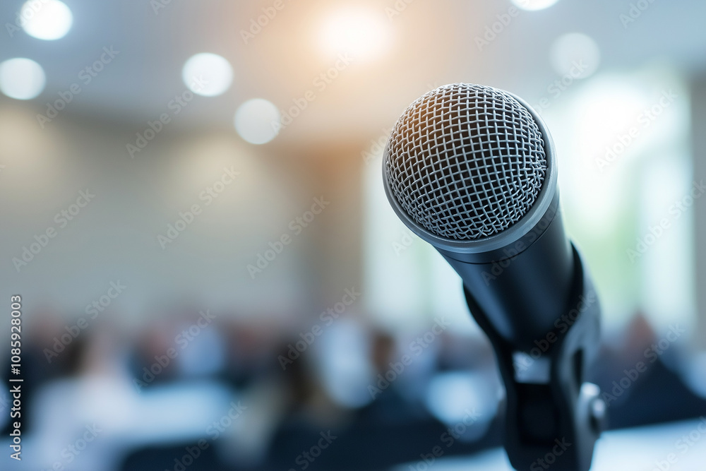 Photo of a microphone in front of an audience, ready for the speech. Photo of a microphone in front of an audience, ready for the speech.
