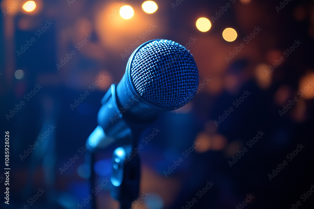 Photo of a microphone in front of an audience, ready for the speech. Photo of a microphone in front of an audience, ready for the speech.