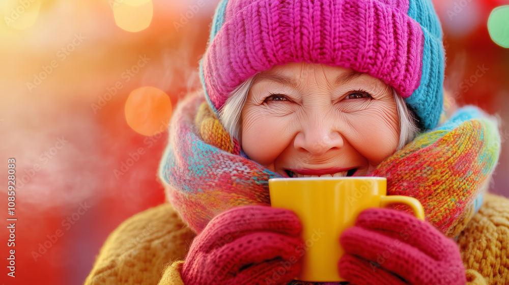 Smiling older woman in warm clothing enjoying hot drink outdoors during winter season Smiling older woman in warm clothing enjoying hot drink outdoors during winter season