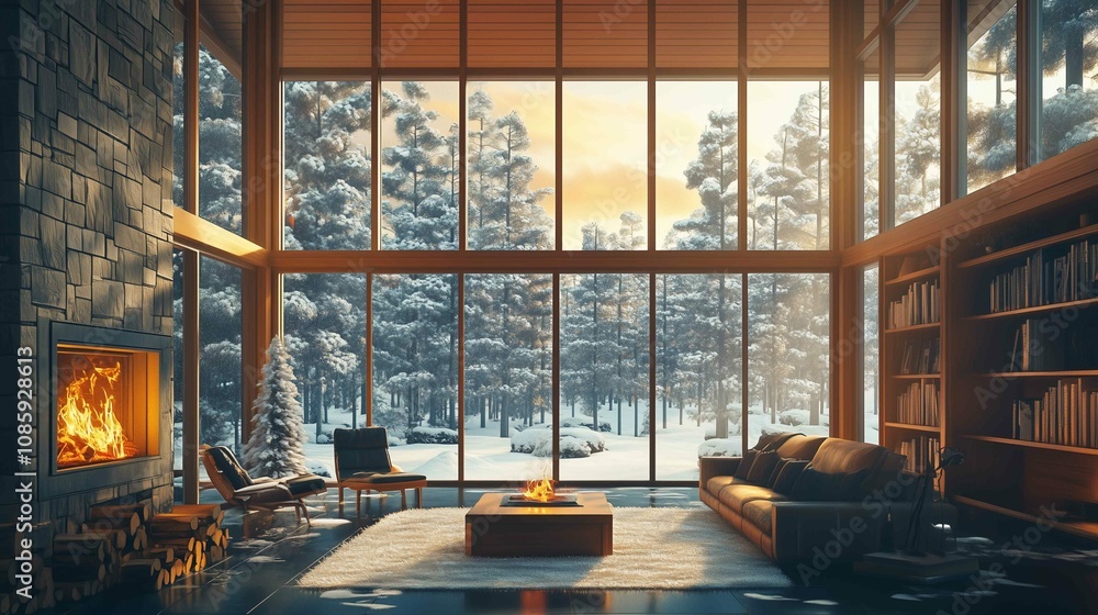 Fototapeta premium A beautiful room with a view of falling snow, cozy, large windows, winter, warm lighting, elegant decor, snowy landscape. Generative AI. 