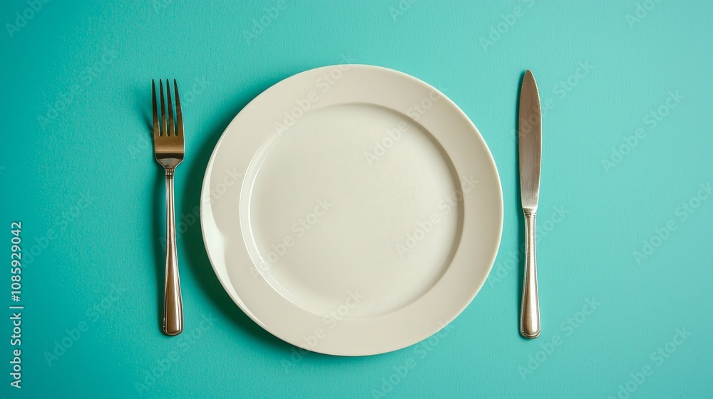 Minimalist Elegance Clean White Plate on Teal Surface, Symmetrical Layout for Culinary Creativity and Modern Sophistication Minimalist Elegance Clean White Plate on Teal Surface, Symmetrical Layout for Culinary Creativity and Modern Sophistication