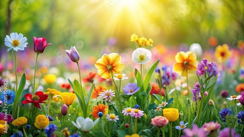 Colorful meadow of spring flowers in extreme close-up