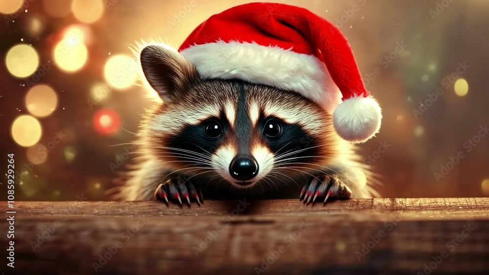 Festive raccoon in santa hat with bokeh background capturing christmas spirit Festive raccoon in santa hat with bokeh background capturing christmas spirit