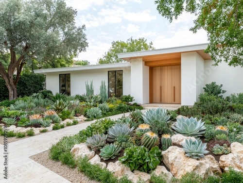 Modern Elegance Closeup of Mid-Century Modern House Entrance with Succulent Garden and Xeriscaping in Tranquil Setting