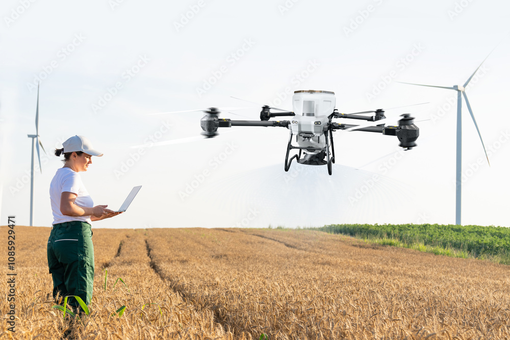 Woman farmer with drone on a wheat field. Smart farming and precision agriculture. Woman farmer with drone on a wheat field. Smart farming and precision agriculture.