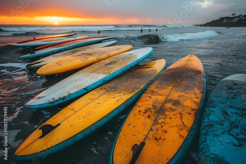 Vibrant Surfboards Lined Up on the Beach at Sunset - Perfect for Surf Culture and Summer Adventure Themes photo