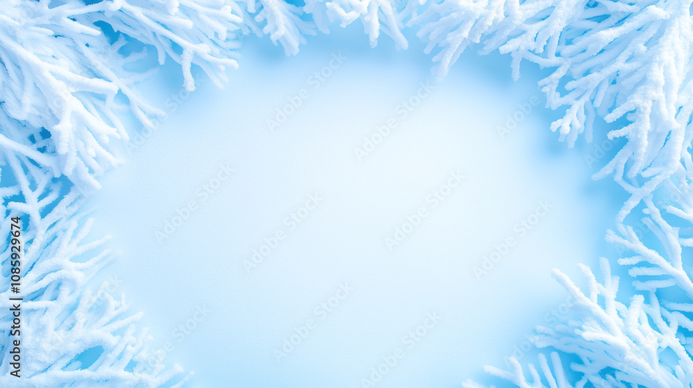 Soft white snowflakes frame a serene blue background, creating a tranquil winter atmosphere Soft white snowflakes frame a serene blue background, creating a tranquil winter atmosphere