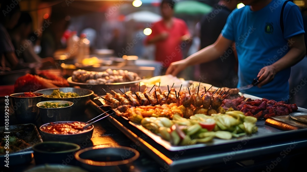 Naklejka premium A street vendor preparing a variety of grilled dishes at a bustling night market