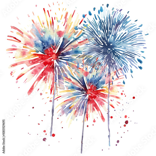 A vibrant watercolor vector of fireworks celebration, lighting up the night sky. Fireworks celebration vector.