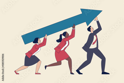 vector illustration of a team carrying an upward arrow representing teamwork and growth.