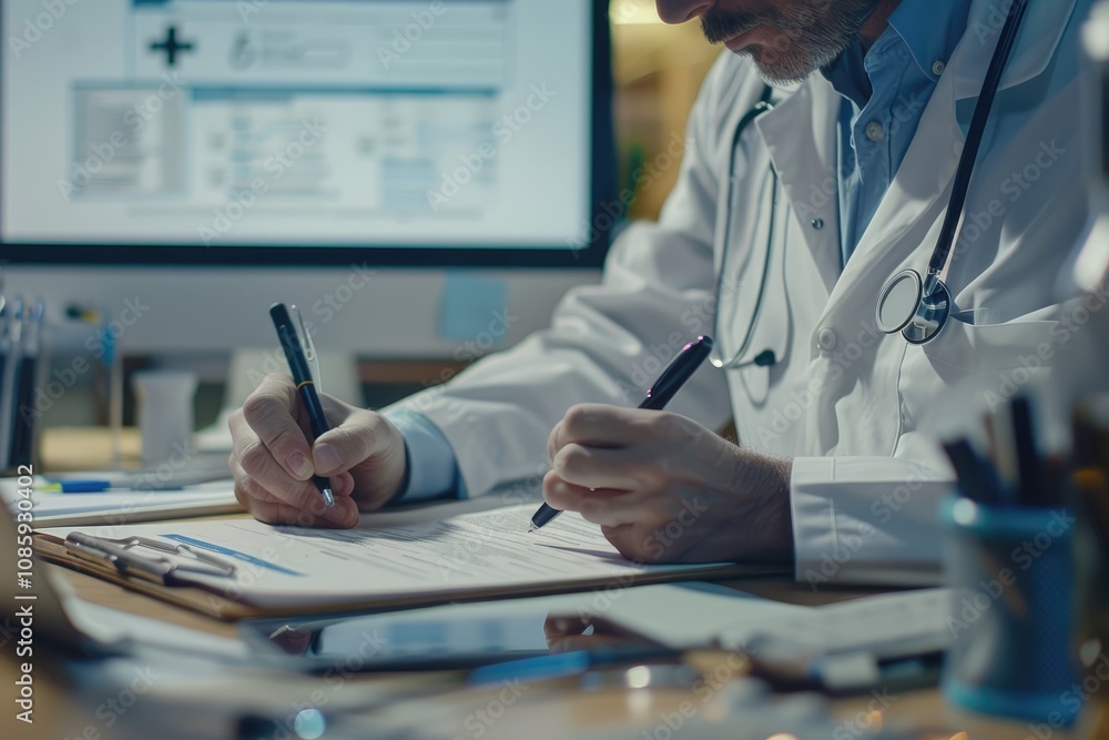 Doctor Working Late at Night in His Office Doctor Working Late at Night in His Office