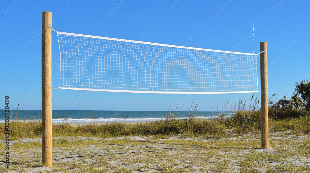 Fototapeta premium Beach Volleyball Net Ocean View Summer Fun Sandy Court Outdoor Recreation