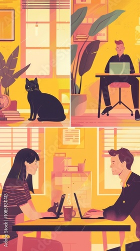 Freelancers working from home with laptops in a cozy environment