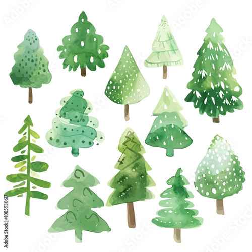 A watercolor vector of a set of Christmas tree, isolated on a white background. Christmas tree vector.