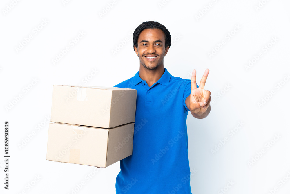 Delivery African American man with braids isolated on white background smiling and showing victory sign Delivery African American man with braids isolated on white background smiling and showing victory sign