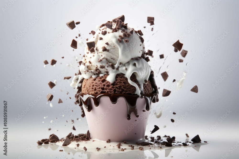 Fototapeta premium Chocolate ice cream explosion on a white background. AI generated