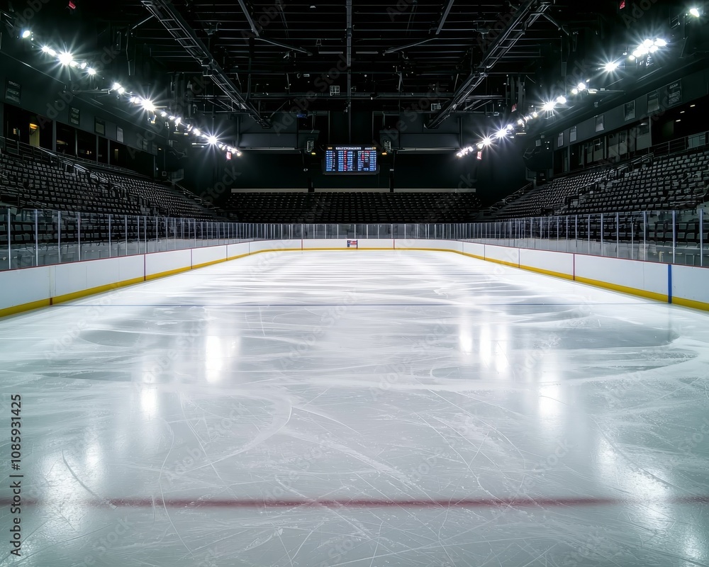 Serene Symmetry Wide-angle View of Empty Ice Hockey Rink with Smooth Surface and Stark Seating Contrast in Cool Lighting Serene Symmetry Wide-angle View of Empty Ice Hockey Rink with Smooth Surface and Stark Seating Contrast in Cool Lighting