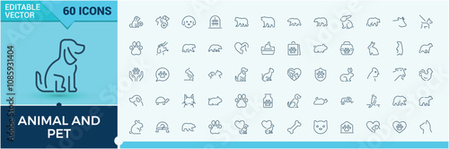 Set of Animal And Pet line icons. Related to vet, animals, animal, pet shop, veterinary, animal lymph, pet and more. Minimalist thin linear icon. Vector illustration.
