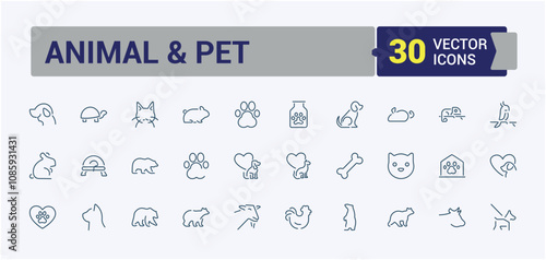 Set of Animal And Pet line icons. Related to vet, animals, animal, pet shop, veterinary, animal lymph, pet and more. Minimalist thin linear icon. Vector illustration.