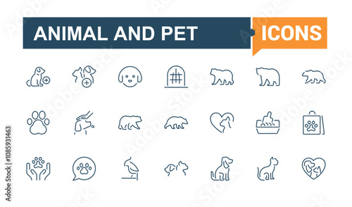 Set of Animal And Pet line icons. Related to vet, animals, animal, pet shop, veterinary, animal lymph, pet and more. Minimalist thin linear icon. Vector illustration.