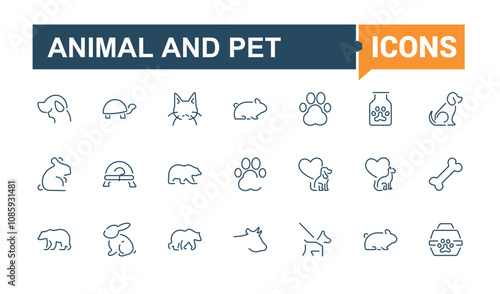 Set of Animal And Pet line icons. Related to vet, animals, animal, pet shop, veterinary, animal lymph, pet and more. Minimalist thin linear icon. Vector illustration.