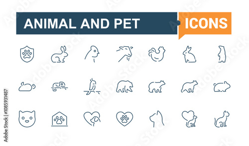 Set of Animal And Pet line icons. Related to vet, animals, animal, pet shop, veterinary, animal lymph, pet and more. Minimalist thin linear icon. Vector illustration.